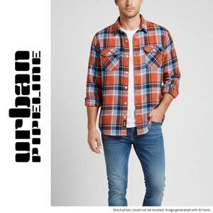 Urban Pipeline Men's Medium Orange Blue Plaid Flannel Shirt Long Sleeve